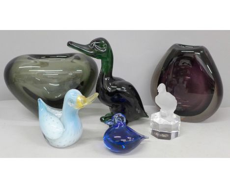 Two Holmegaard glass vases, a Goebel glass model duck and three other glass model birds, chips to two birds 