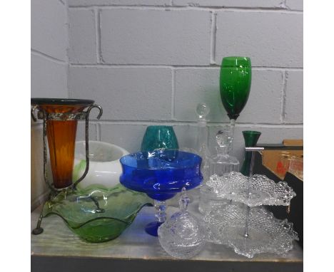 Two boxes of coloured and plain glass, including light shade, pedestal bowl, two crystal decanters, oversized green wine glas