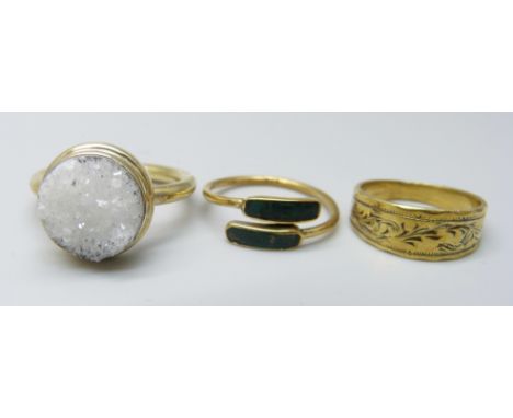 Three silver gilt rings, K, M and P 