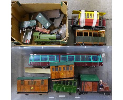 Garden railway stock including carriages and other rail items, etc. (2 boxes) 