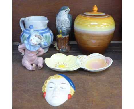 A Wedgwood ginger jar, Beswick two section dish, a Moorland Pottery face plaque, Nao figure of a child dressed as a clown and