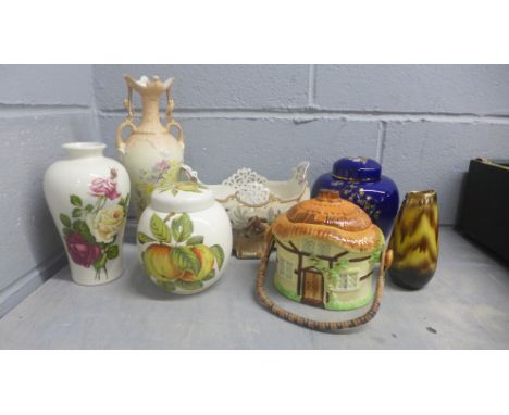 A box of mixed china, Old Foley Royal Blue ginger jar, pierced basket, one other ginger jar, vases and cottage ware, biscuit 