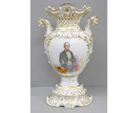 A hand painted Baroque vase, circa 1850, one side with portrait of Prince Albert and a floral bouquet on the other 