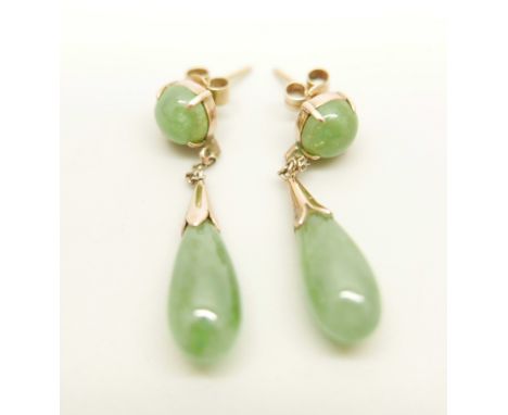 A pair of yellow metal and jade drop earrings with 9ct gold butterfly fasteners 