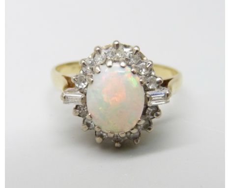 An Art Deco 18ct gold, opal and diamond ring, 3.5g, L, opal approximately 7mm x 9mm 