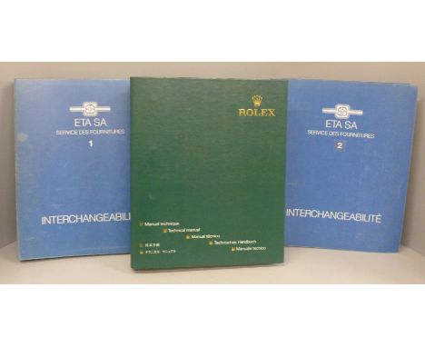 A Rolex Technical/Service Manual, and two similar ETA manuals, Vol. 1 and 2 