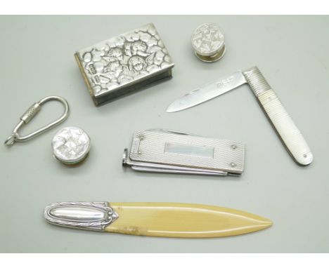 A Georgian silver fruit knife, a small silver matchbox case, a silver pipe smokers knife, etc. 