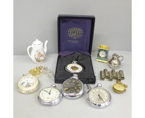 Five pocket watches, a small clock with abolone detail and a small Wedgwood Old Mrs Rabbit tea pot 