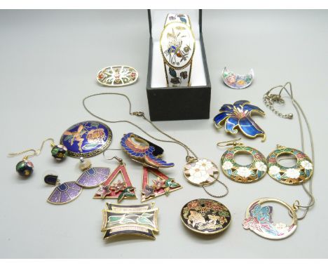 Cloisonne jewellery, four pairs of earrings, seven brooches, two necklaces and a bangle 