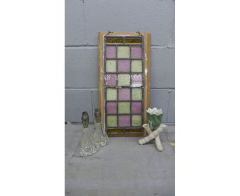 A leaded light panel, a pair of French glass table lamps and a Worcester style pot, on three bamboo effect legs **PLEASE NOTE