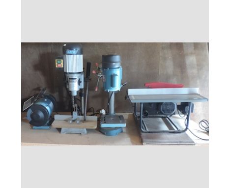 An electric Draper pillar drill, a Clarke pillar drill, a bench grinder and a bench saw 