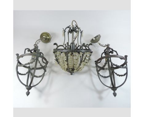 A brass chandelier, together with a pair of brass hanging hall lanterns, 40cm tall