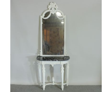 A white painted marble top carved console table, 85cm, together with matching mirror 