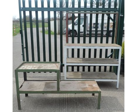 An iron framed workshop shelf, 120cm, together with another