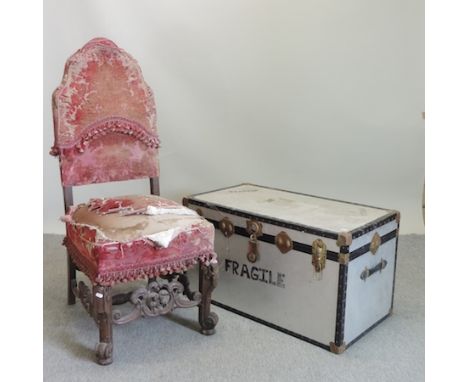 A 19th century red upholstered and carved side chair, together with a vintage studded trunk, 90cm