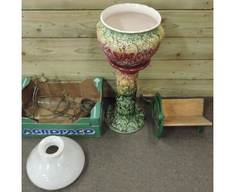 A Victorian brass hanging oil lamp, together with a majolica jardiniere on stand and a slicer