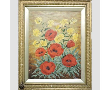 Dan Spooner, 20th century, Poppies, signed oil on canvas, together with an oak cased barometer and a bronzed model of horses,