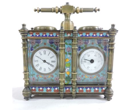A cloisonee carriage clock and barometer, 14cm tall