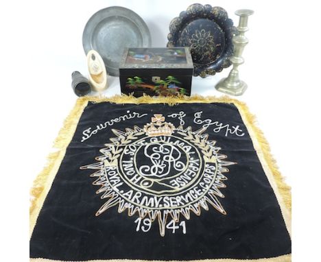 A collection of items to include a papier mache plate, a jewellery box, a telescope, pewter dish, an embroidered panel, Army 