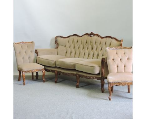 A tan upholstered show frame sofa, together with a pair of chairs 