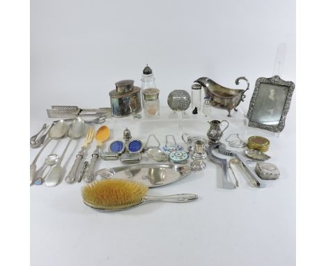 Two boxes of silver and silver plated items, to include a Jaws patent nut cracker and a tea caddy