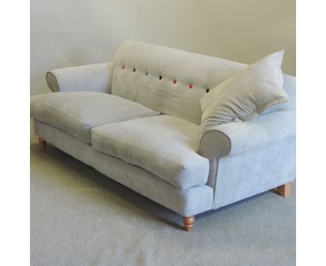 A grey upholstered three seater button back sofa, with multi-coloured buttons, 200cm