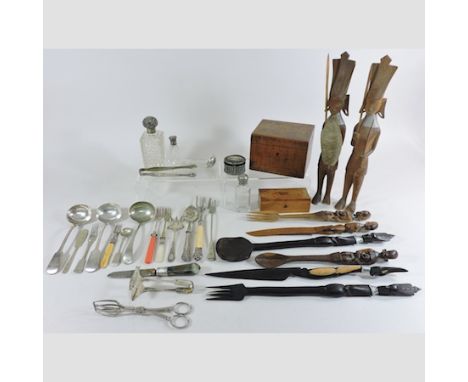 A silver top scent bottle, together with a George III silver caddy spoon, sugar tongs and plated items, a tea caddy and a col