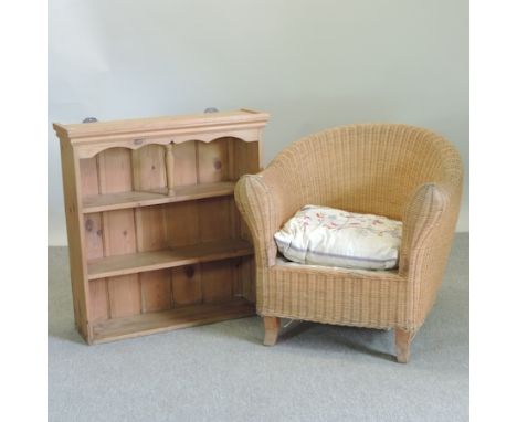 A wicker tub chair, together with a pine hanging shelf , 80cm