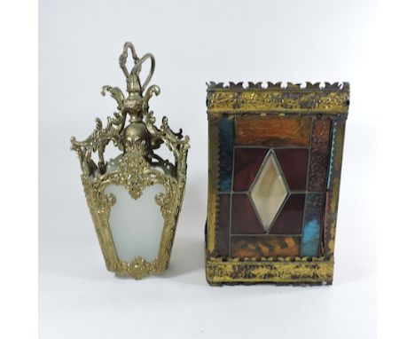 A stained glass lamp shade, 30cm tall, together with a gilt painted hanging lantern