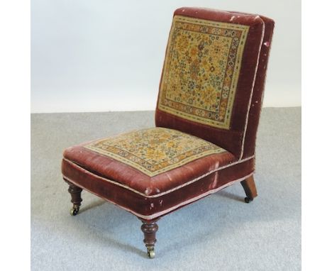 A Victorian red and tapestry upholstered side chair, on turned legs