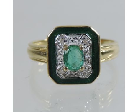 An 18 carat gold emerald and enamel square set dress ring, boxed