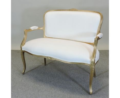 A French style cream upholstered and gilt frame sofa, 108cm