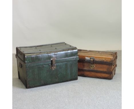 An antique green painted metal trunk, 70cm, together with another smaller 