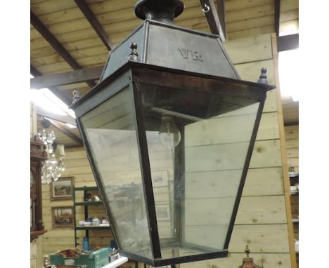 A Victorian copper hanging lantern, inscribed VR, 67cm tall overall