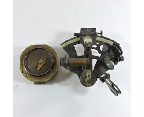 A brass Brunton compass, together with a small sextant