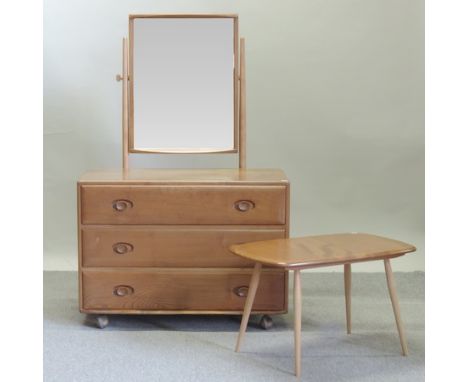 An Ercol light elm dressing chest, 91cm, together with a light elm occasional table 