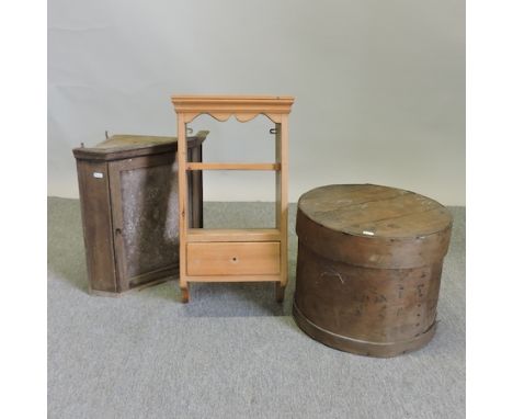 A bentwood circular box, together with a pine corner cupboard and pine shelf 