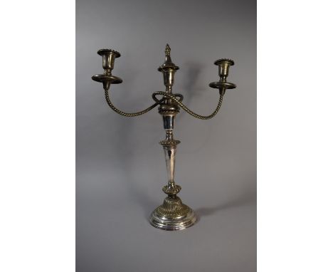 An Impressive and Tall Silver Plated Candelabra with Rope Supports to Side Candle Holder and Removable Flame Finial. 51cms Hi