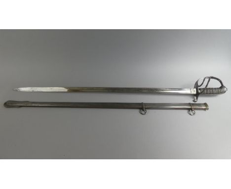 A British 1821 Pattern Officers Sword with Metal Scabbard having Etched Blade, Shagreen and Wire Grip, Steel Triple Bar Hilt 