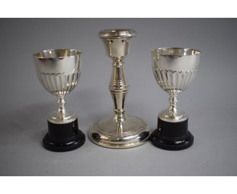 A Pair of Mappin &amp; Webb Princess Plate Trophies Together with Silver Candle Stick