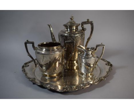 A Silver Plated Britannia Metal Three Piece Tea Service on Tray. All with Etched Decoration. 