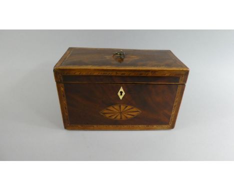 An 18th Century George III Mahogany Tea Caddy with Sheraton Fan Marquetry Panels. 20x10x13cms 