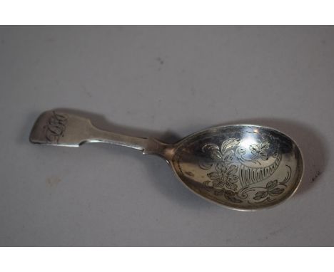 A Victorian Silver Tea Caddy Spoon with Etched Bowl, Handle Monogrammed DMI, London 1846 