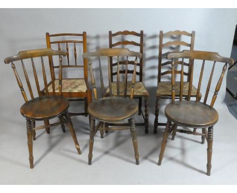 A Pair of Oak Rush Seated Ladder Back Chairs with Barley Twist Supports, Together with Three Spindle Back Chairs and a Clun S