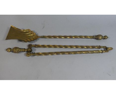 A Pair of 19th Century Brass Fire Tools, A Shovel and Coal tongs with Reeded Knob Handles and Twisted Shafts. 72cms Long 