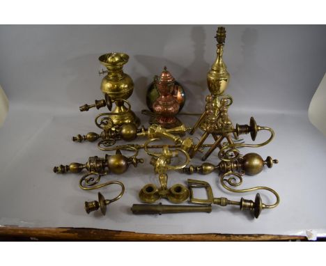 A Collection of Brass Items to Include Fire Dogs, Wall Lights, Gas Lamp, Electric Lamp, Kettel Stand together with a North Af