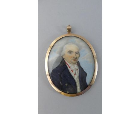 A French Yellow Metal Framed Oval Mourning Portrait Miniature of a Gentleman. monogrammed Verso. Agede 56 Ans. 6.5cms High 