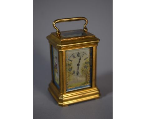 A French Brass Cased Miniature Carriage Clock with Porcelain Panels Depicting Maidens in Garden. 9cms High. Movement Numbered