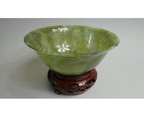 A Good Green Jade Bowl on Unrelated Carved and Pierced Stand, 12.5cms High 