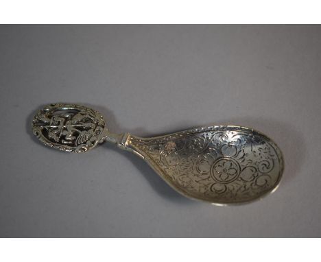 A Continental Silver Tea Caddy Spoon with Etched Bowl and Pierced Handled Depicting George Slaying Dragon 